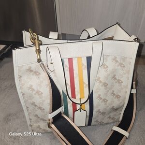 Coach White Tote with Multicolor Stripes